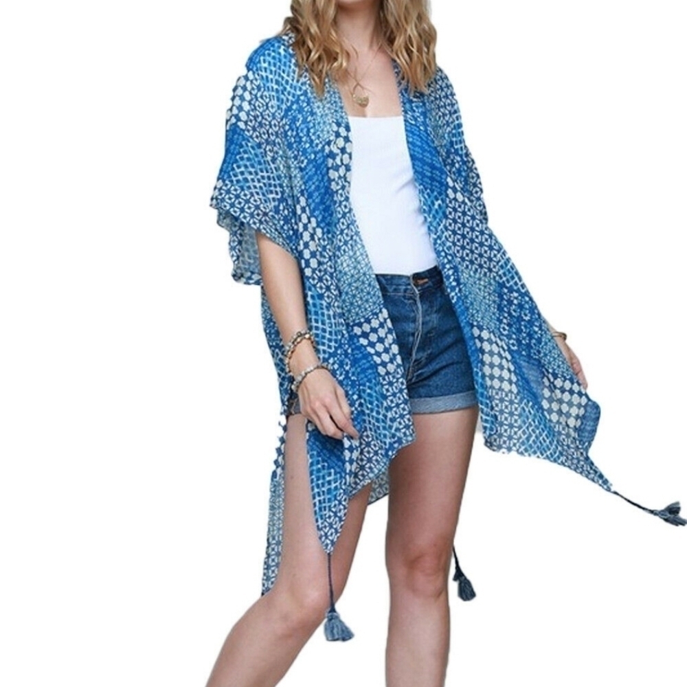 Macchia di ruggine Patchwork Print Cotton kimono cover up Blue One Size